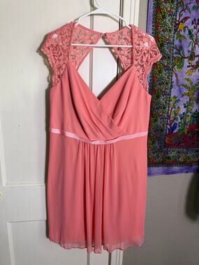 David's Bridal Coral Pink Lace Chiffon Dress Size 18